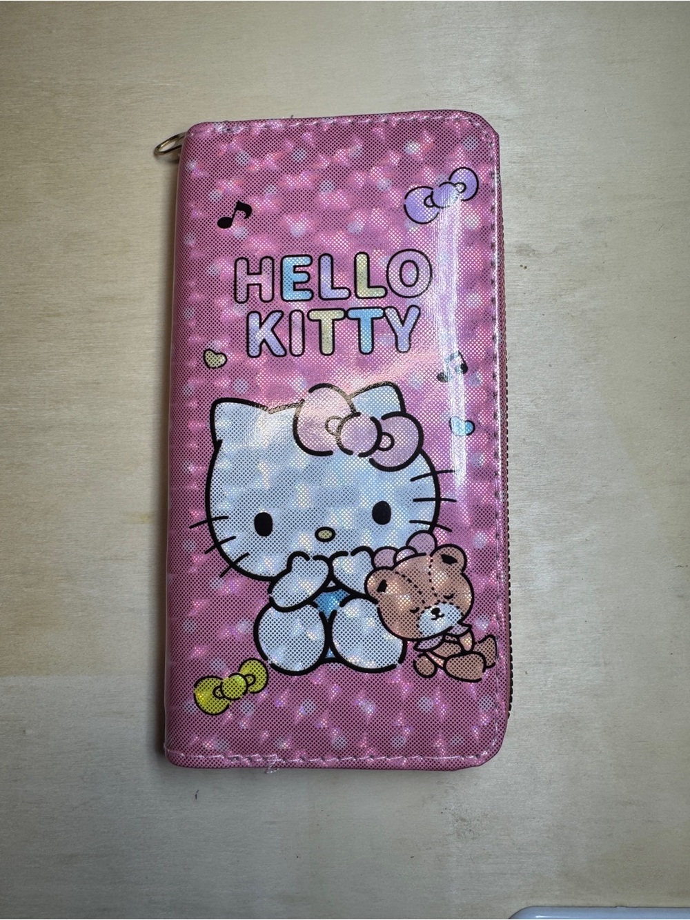 Holographic Hello Kitty Pink Zip Wallet with Bear Accent NWT